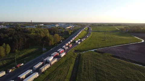 Trucks queue for border control. A large line of trucks. Customs clearance of Stock Footage 253995847