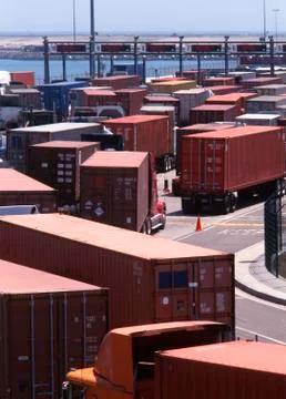 Trucks in queue at shipping terminal, Port of Los Angeles, California, United Stock Photos