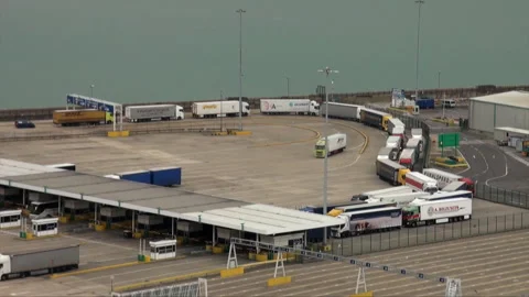 Trucks Queue Up At The UK Border Checkpoint At Dover Port Stock Footage 346857097