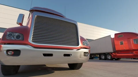 Trucks with semi-trailers in front of a warehouse. Stock Footage 92332810