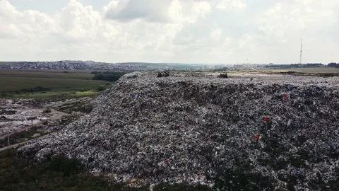 Trucks take garbage to a field outside the city. Birds fly around the trash Stock Footage 137448694