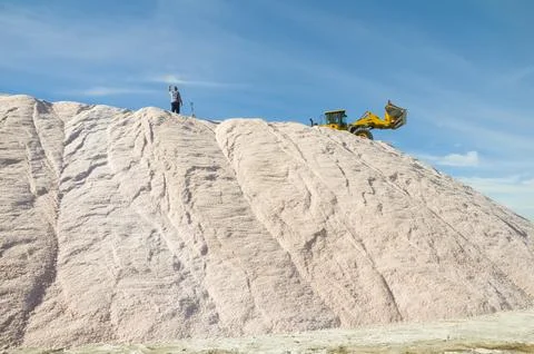 Trucks unloading raw salt bulk, Salinas Grandes de Hidalgo, La Pampa, Argen.. Stock Photos