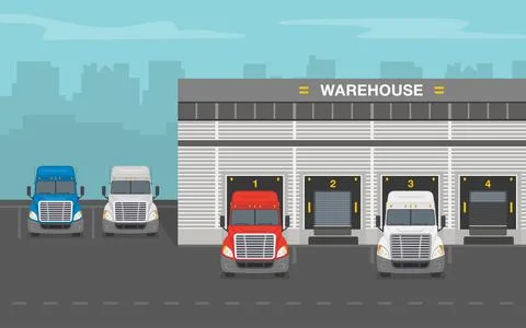 Trucks at warehouse building. Front view. Stock Illustration
