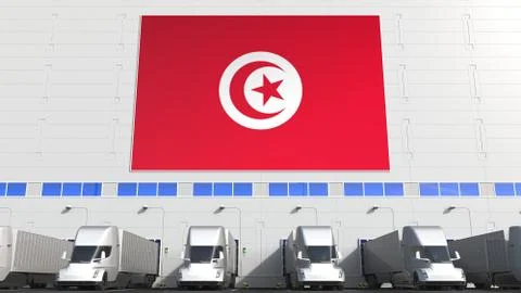 Trucks at warehouse loading bay with flag of TUNISIA. Tunisian logistics related Stock Illustration