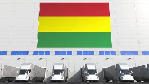 Trucks at warehouse loading bay with flag of BOLIVIA. Bolivian logistics related Stock Illustration