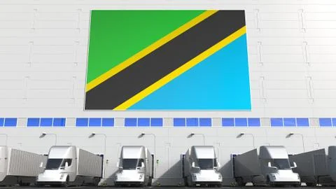 Trucks at warehouse loading dock with flag of TANZANIA. Tanzanian logistics Stock Illustration
