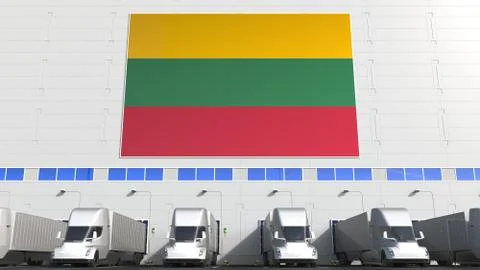 Trucks at warehouse loading dock with flag of LITHUANIA. Lithuanian logistics Stock Illustration