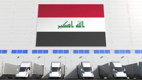 Trucks at warehouse loading dock with flag of IRAQ. Iraqi logistics related Stock Illustration