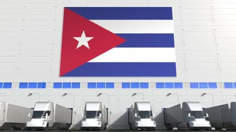 Trucks at warehouse loading dock with flag of CUBA. Cuban logistics related Stock Illustration