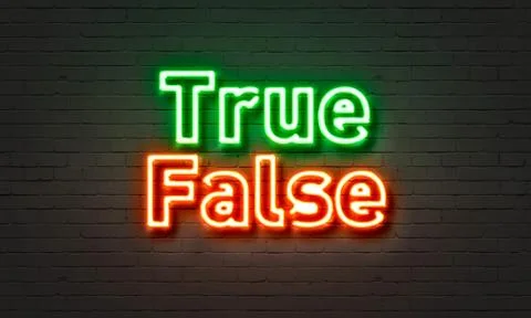 True false neon sign on brick wall background. Stock Illustration