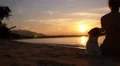 True Friendship between Dog and a Man. Sunset. Slow Motion. HD Footage