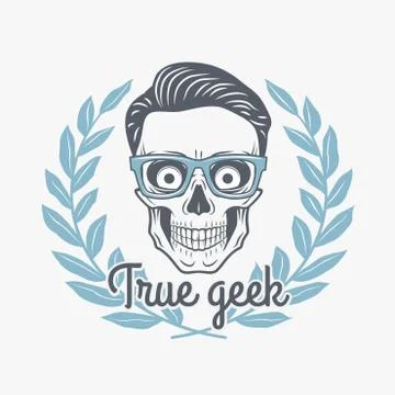 True geek skull vector with hipster glasses and laurel leafs. Crazy deadman Stock Illustration