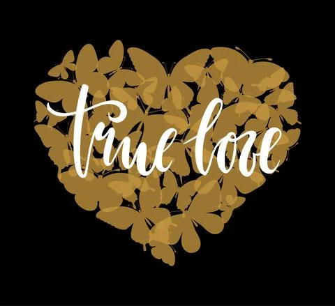 True love Hand drawn calligraphy and brush pen lettering with gold heart with Stock Illustration