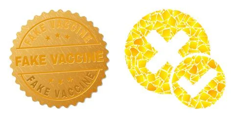 True Negative Icon Collage of Gold Parts and Textured Fake Vaccine Seal Stamp 스톡 일러스트