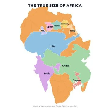 The true size of Africa, equal-area comparison infographic Stock Illustration