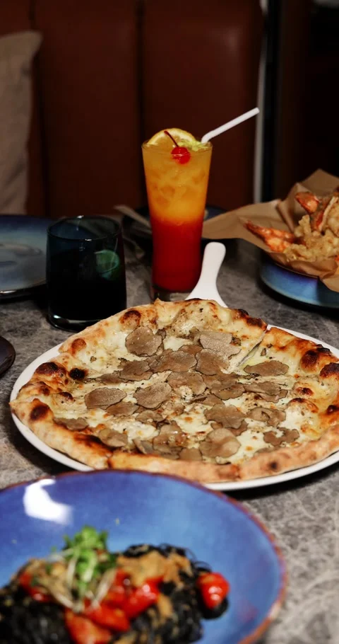 Truffle Pizza Served on Restaurant Table Stock Footage 326681384