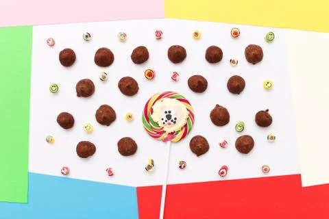 Truffles pattern, top view flat lay of various chocolate Stock Photos