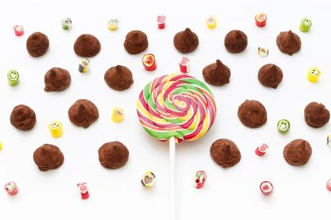 Truffles pattern, top view flat lay of various chocolate Stock Photos