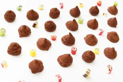Truffles pattern, top view flat lay of various chocolate Stock Photos