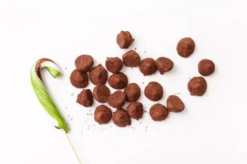 Truffles pattern, top view flat lay of various chocolate sweets Stock Photos
