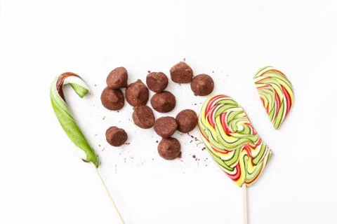 Truffles pattern, top view flat lay of various chocolate Stock Photos