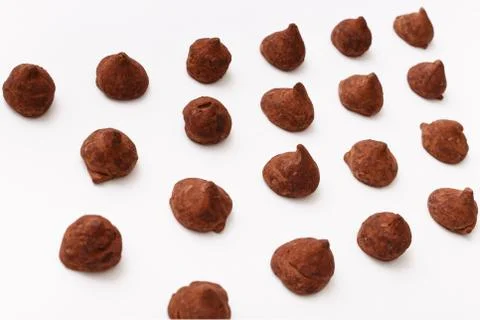 Truffles pattern, top view flat lay of various chocolate Stock Photos