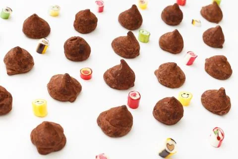 Truffles pattern, top view flat lay of various chocolate Stock Photos