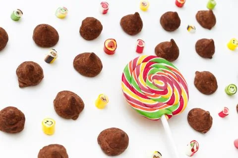 Truffles pattern, top view flat lay of various chocolate Stock Photos
