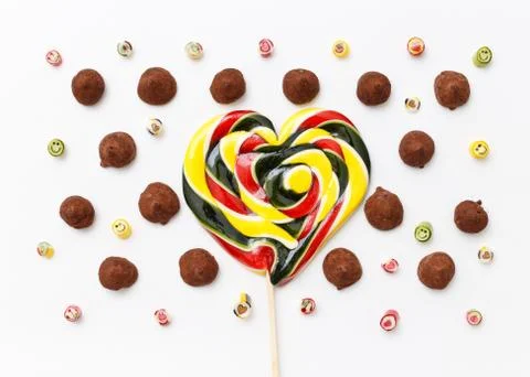 Truffles pattern, top view flat lay of various chocolate Stock Photos