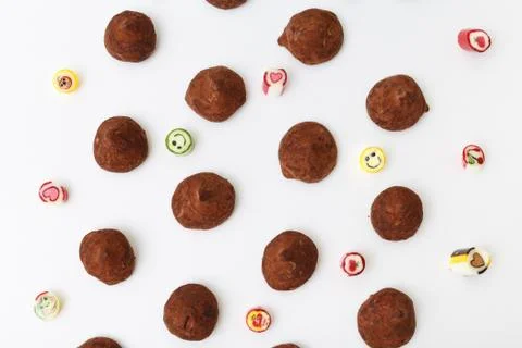 Truffles pattern, top view flat lay of various chocolate Stock Photos