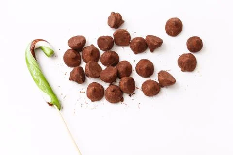 Truffles pattern, top view flat lay of various chocolate sweets Stock Photos