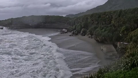 Trumans Track: Powerful Ocean Waves Crashing on the Black Sand Beach of the.. Stock Footage 289800701