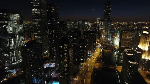 Trump Tower and Downtown Chicago Illinois USA Drone Footage at Night Stock Footage