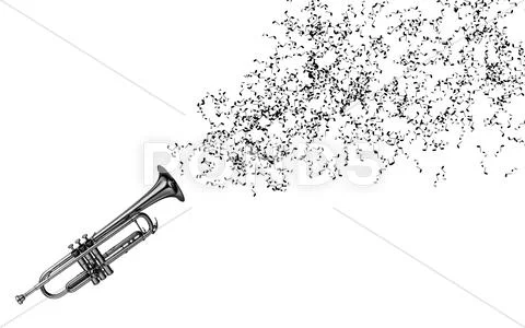 Trumpet isolated on white with musical notes coming from end Stock Illustration
