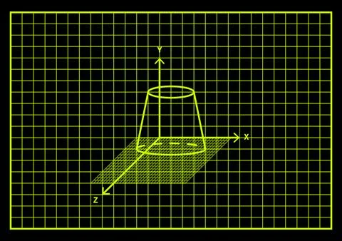 Truncated cone geometry spatial projection grid neon yellow background black Stockillustratie
