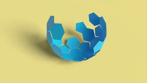Truncated icosahedron spinning on a yellow background and opening into a net. Stockbeeldmateriaal 154174053