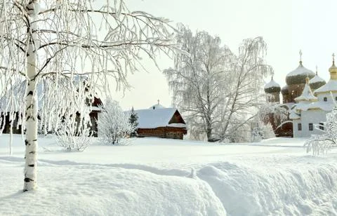 Trunk of bare hoary birch in deep snow on the background of orthodox monast.. Stock Photos