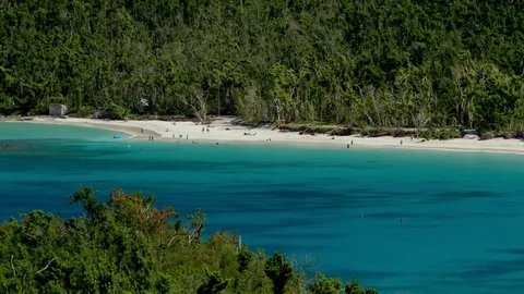 Trunk bay post hurricane irma, people relaxing on shoreline, st john Stock Footage 84097415