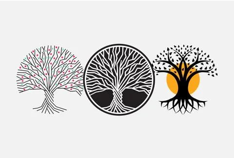 Trunk, root, and branches of tree vector round logo concept. Forest isolated Stock Illustration