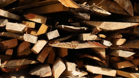 Trunks of trees is stacked in a large log woodpile in the yard. Vídeo Stock 129309967