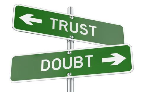 Trust and Doubt, direction signpost with opposite arrows. 3D rendering Stock Illustration