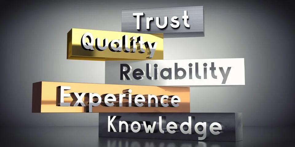 Trust, quality, reliability, experience, knowledge - words on metal blocks .. Stock Illustration