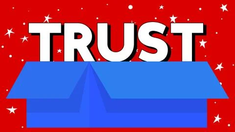 Trust word with cardboard box. Vector cartoon folded card box illustration. Illustrazione stock