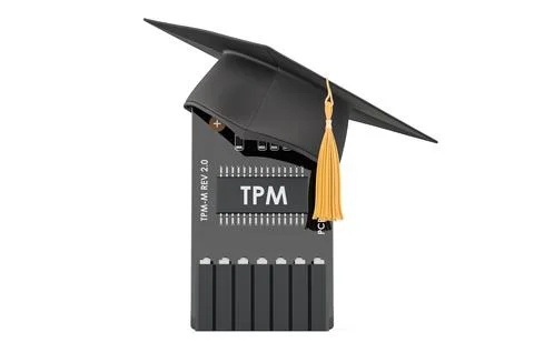 Trusted Platform Module, TPM with education hat. 3D rendering Illustrazione stock