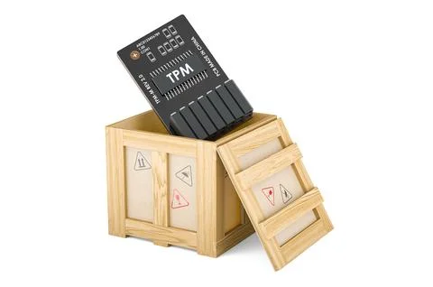 Trusted Platform Module, TPM inside wooden box, delivery concept. 3D renderin 스톡 일러스트