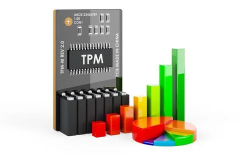 Trusted Platform Module (TPM) mit Wachstumsbalken und Tortendiagramm. 3D-R... Stock Photos