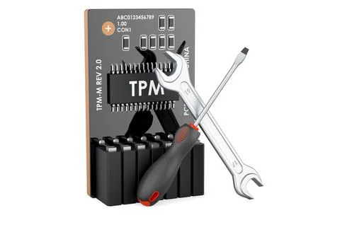 Trusted Platform Module, TPM with screwdriver and wrench, 3D rendering Illustrazione stock