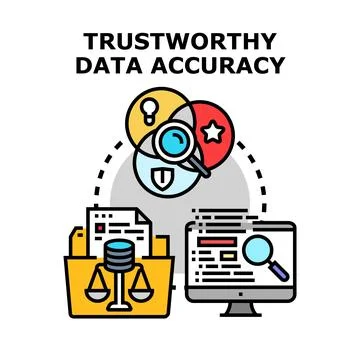 Trustworthy data accuracy concept showing file, computer, and magnifying glas Illustrazione stock