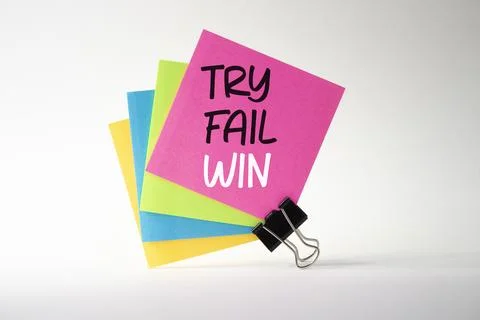 Try Fail Win symbol. Sticky notes with words Try Fail Win. Beautiful white ba 스톡 사진