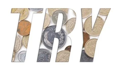 TRY (Turkish Lira) symbol with stack of old Turkish coins on white background Stock Illustration